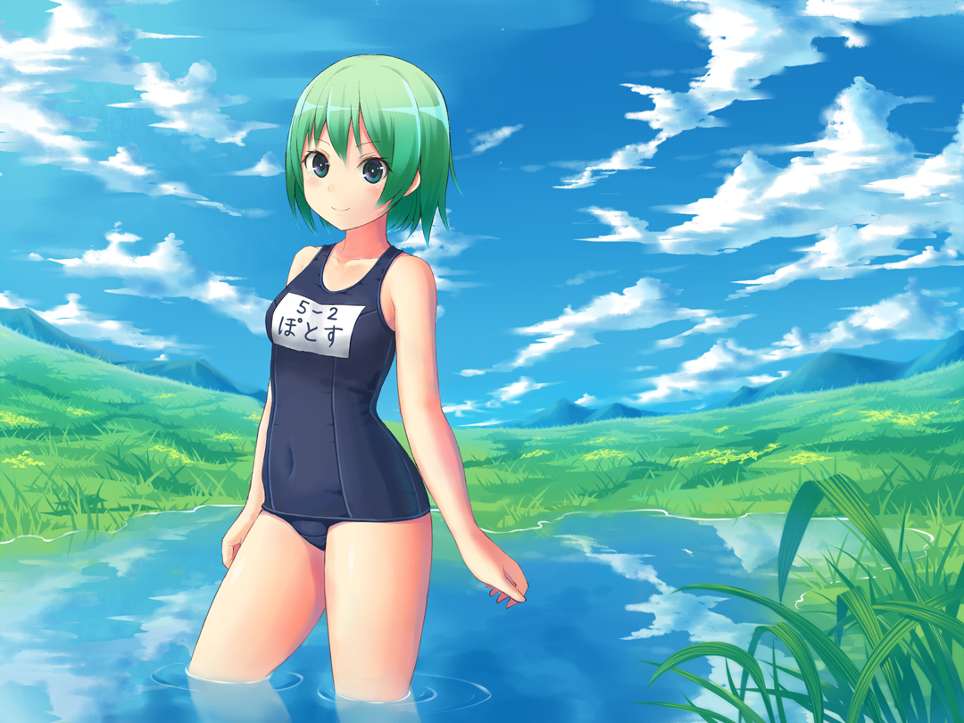 coldfront, green_hair, original, school_swimsuit, swimsuit, water, wet