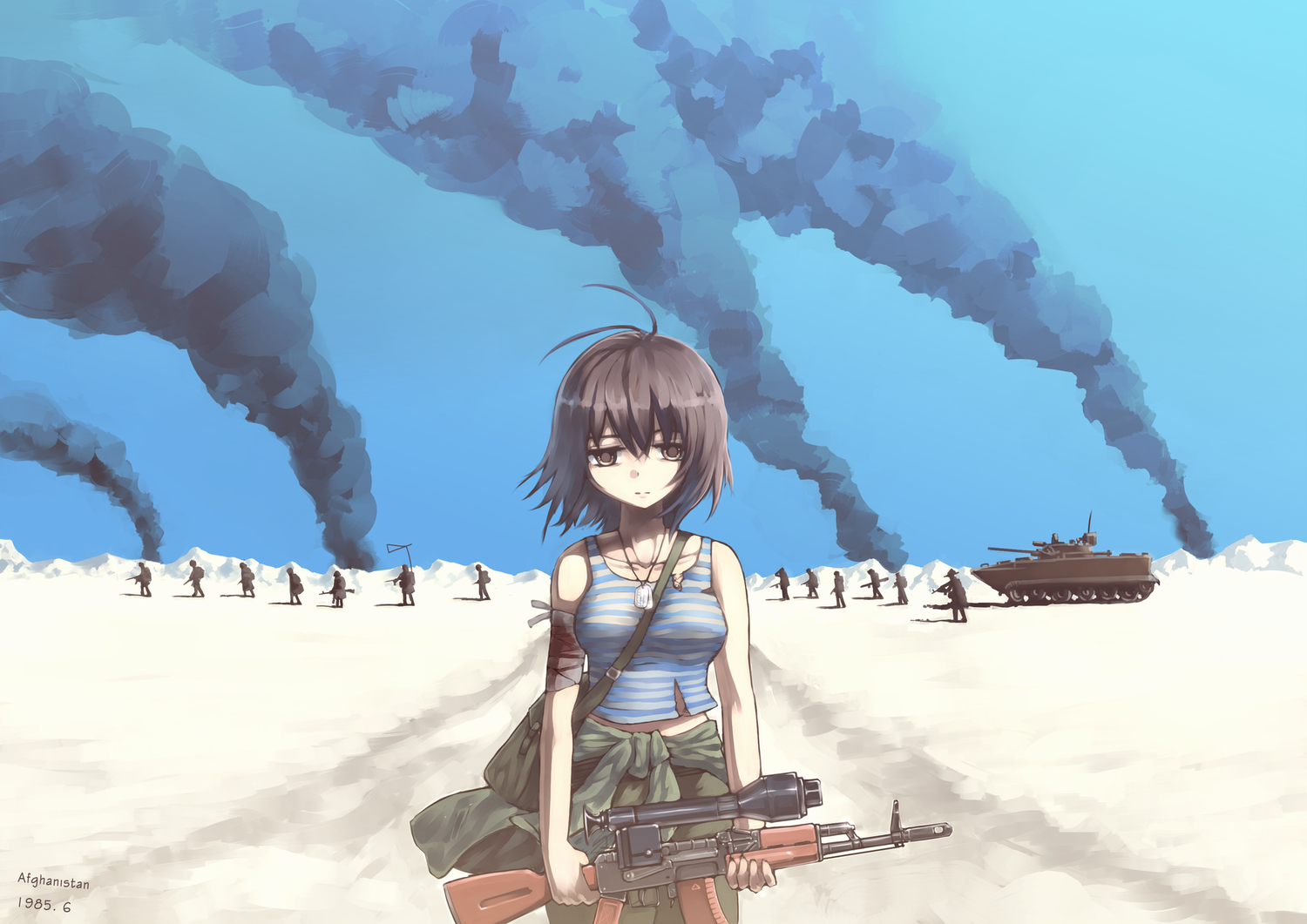 aoki_(miharuu), bandage, blood, brown_eyes, brown_hair, combat_vehicle, desert, gun, original, short_hair, sky, torn_clothes, weapon