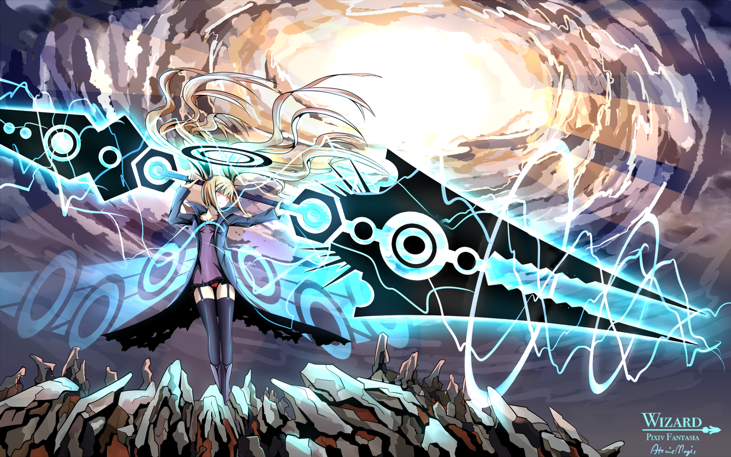 blonde_hair, halo, langjiao, long_hair, magic, original, panties, pixiv_fantasia, red_eyes, thighhighs, twintails, underwear, weapon