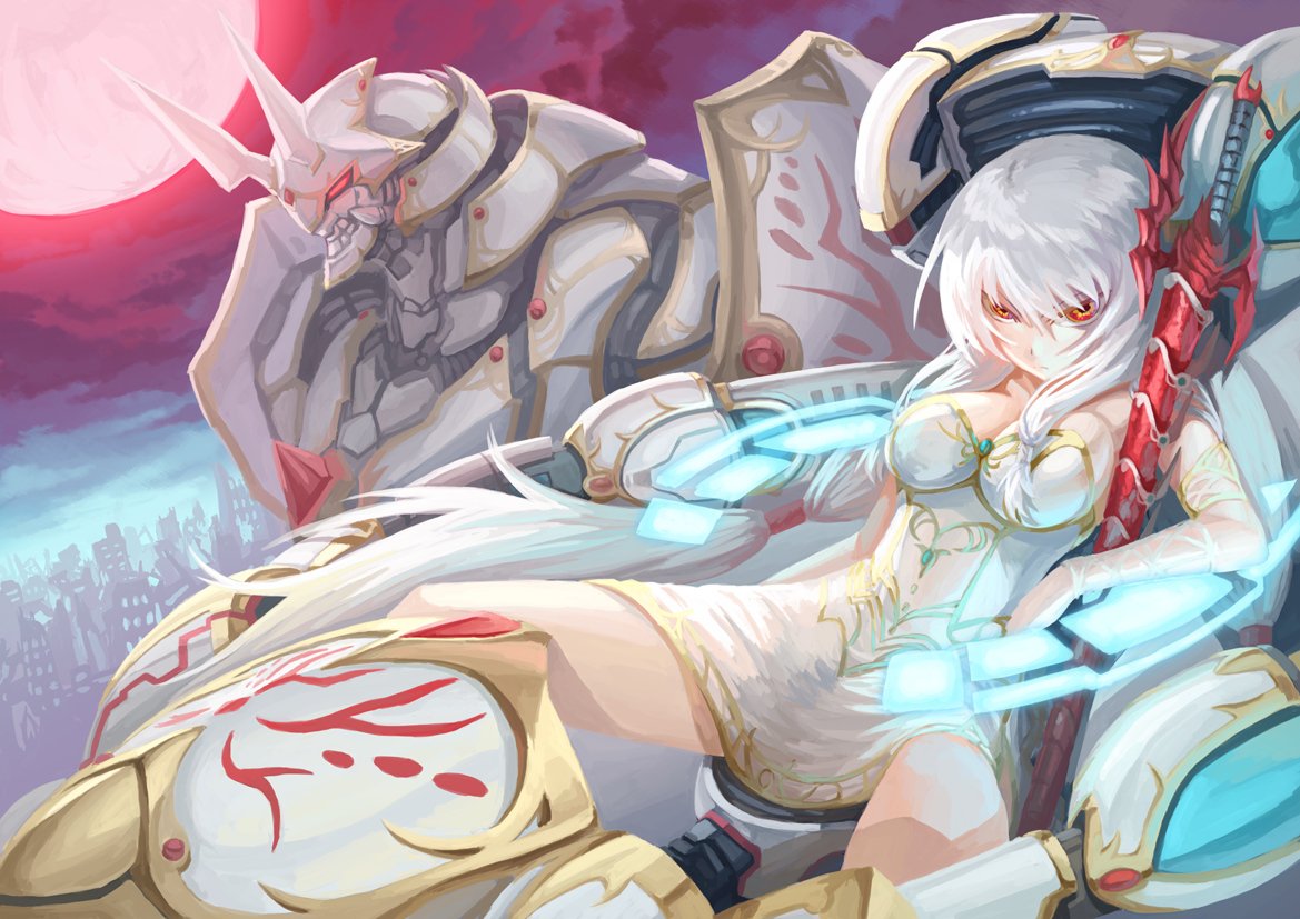 breasts, cleavage, hokuto_shinken, long_hair, original, red_eyes, weapon, white_hair