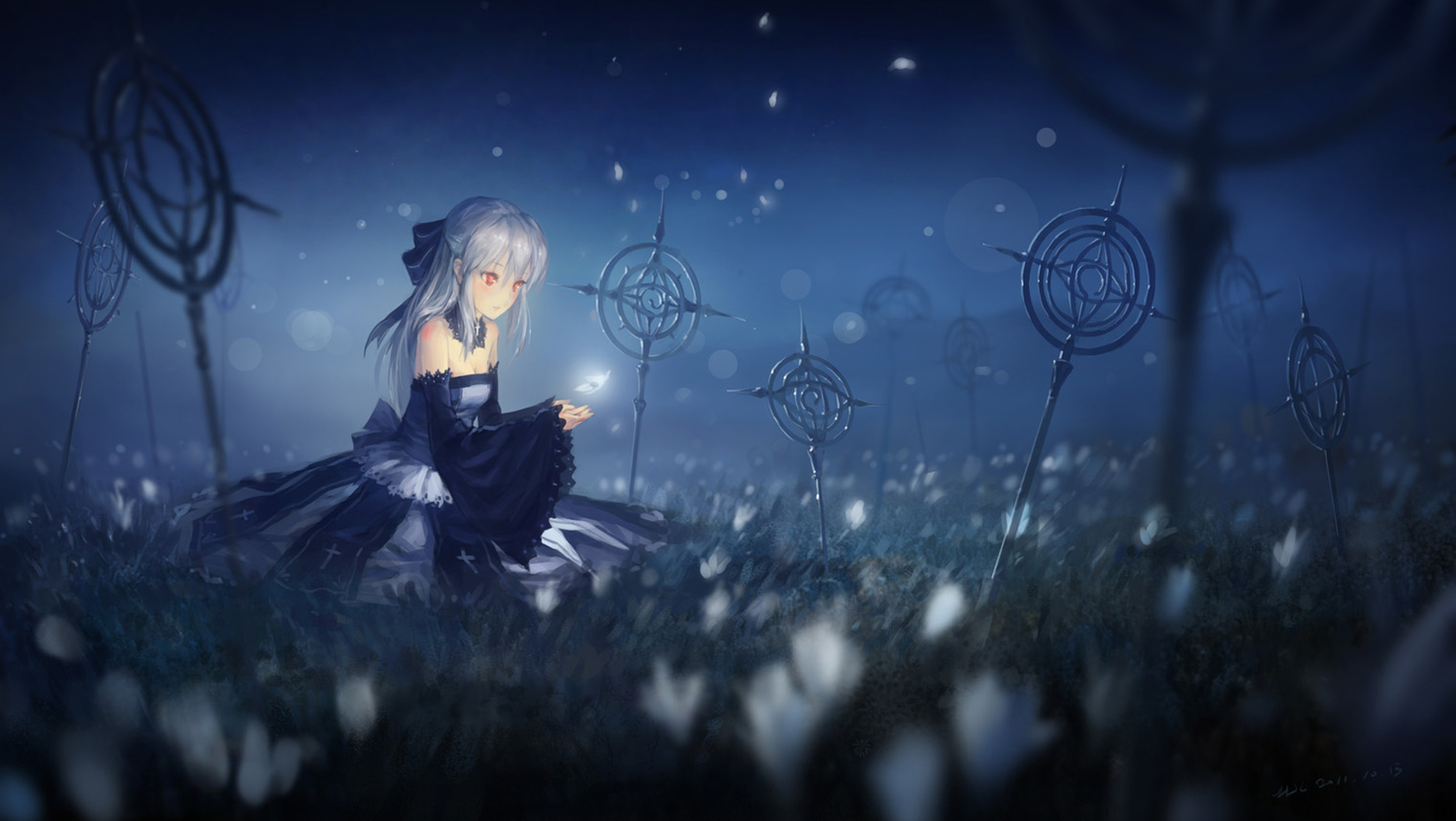 breasts, choker, cleavage, dress, flowers, grass, gray_hair, hjl, night, original, pixiv_fantasia, red_eyes, signed, sky, staff