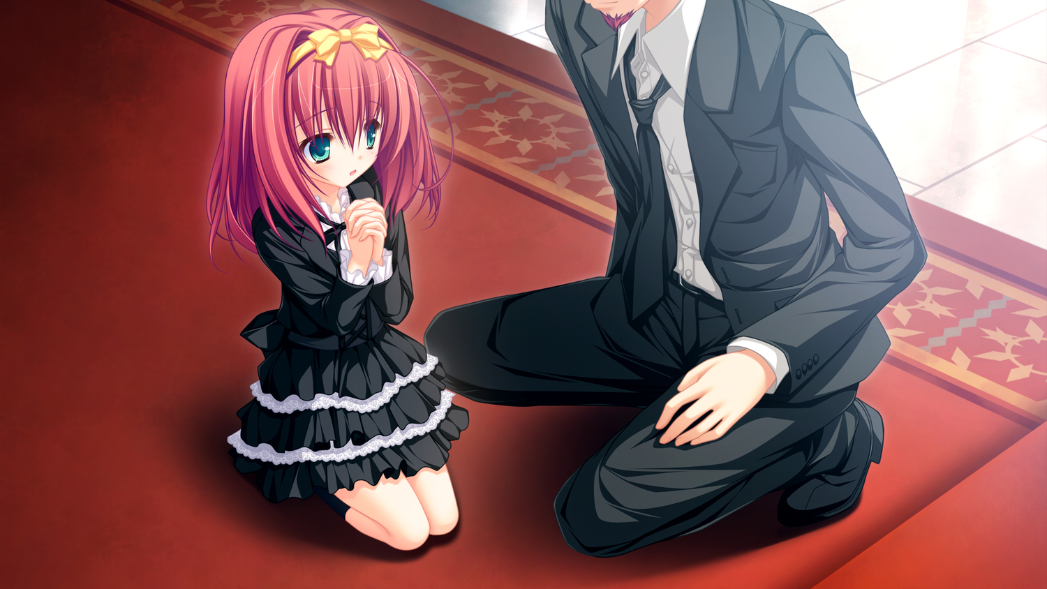 bow, brown_hair, game_cg, goth-loli, green_eyes, hayami_mai, headband, kneehighs