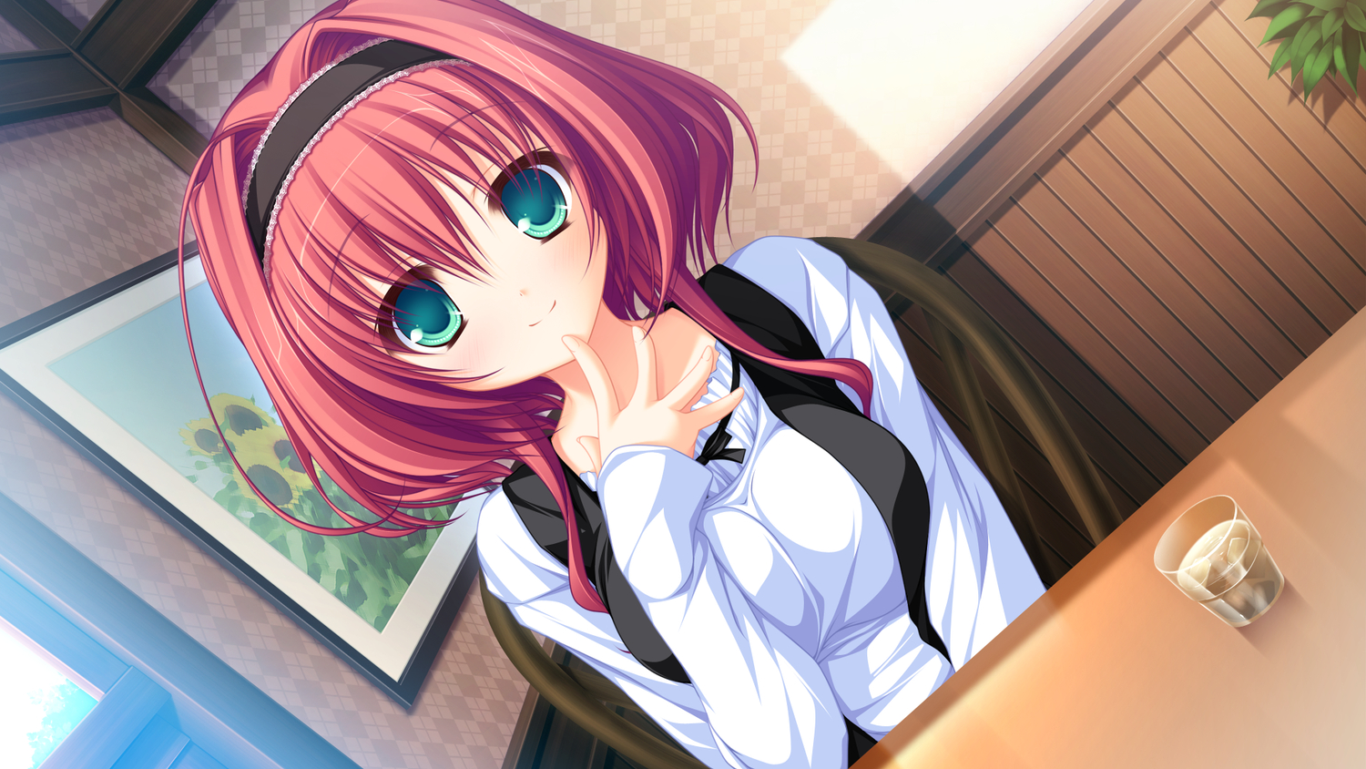 brown_hair, drink, game_cg, green_eyes, hayami_mai, headband, lunaris_filia, mikagami_mamizu