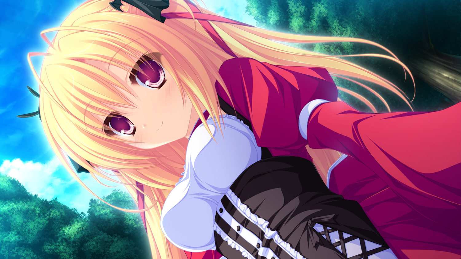 blonde_hair, brown_eyes, choker, clouds, dress, game_cg, long_hair, lunaris_filia