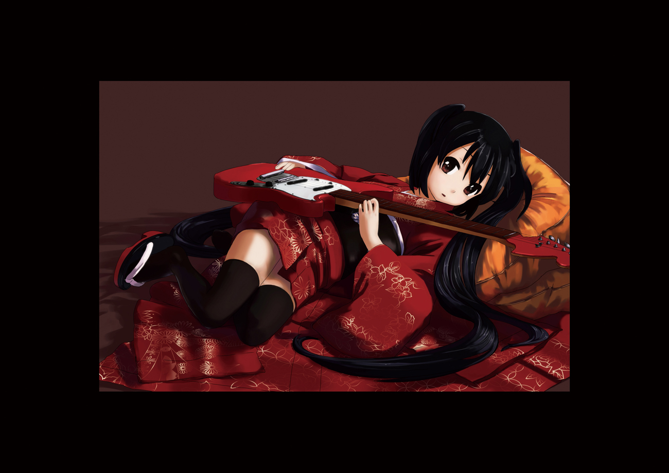 black_hair, brown_eyes, guitar, instrument, japanese_clothes, k-on!, long_hair, nakano_azusa