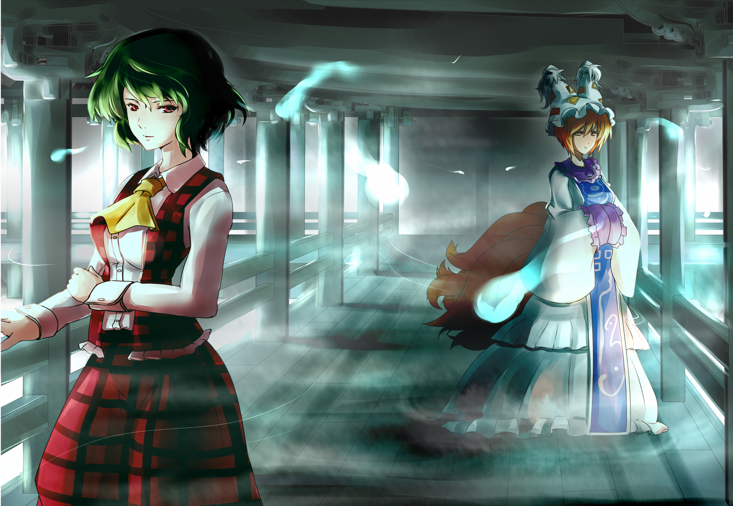 2girls, animal_ears, blonde_hair, bow, dearmybrothers, dress, foxgirl, green_hair, hat, kazami_yuuka, red_eyes, short_hair, touhou, yakumo_ran