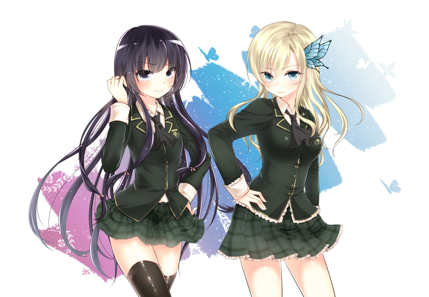 black_hair, blonde_hair, blue_eyes, boku_wa_tomodachi_ga_sukunai, butterfly, geike, kashiwazaki_sena, long_hair, mikazuki_yozora, purple_eyes, school_uniform, thighhighs