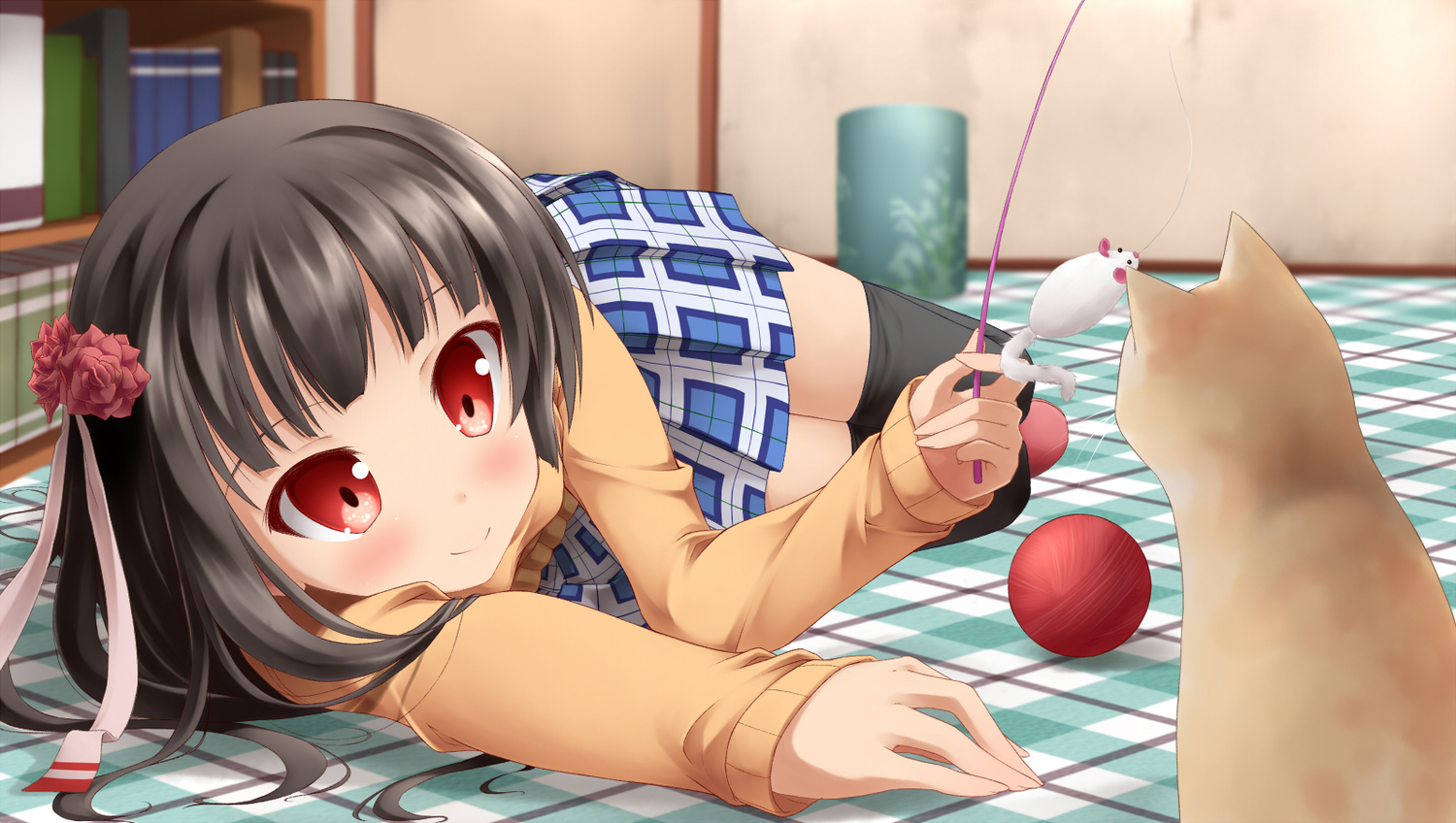 animal, black_hair, blush, cat, flowers, original, red_eyes, sakura_yuuya, short_hair