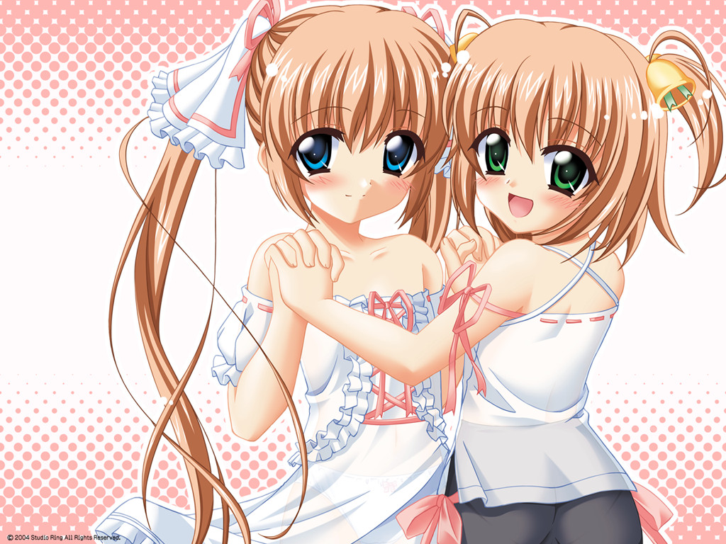 2girls, bike_shorts, blue_eyes, blush, brown_hair, hajimete_no_orusuban, loli, long_hair