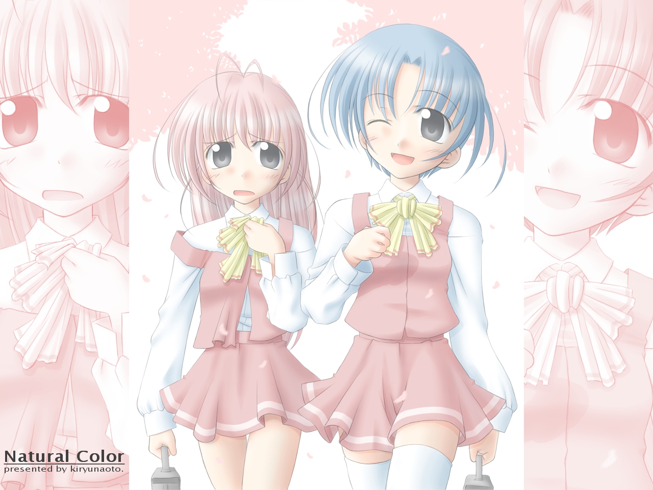 blue_hair, kiryu_naoto, original, petals, pink_hair, school_uniform