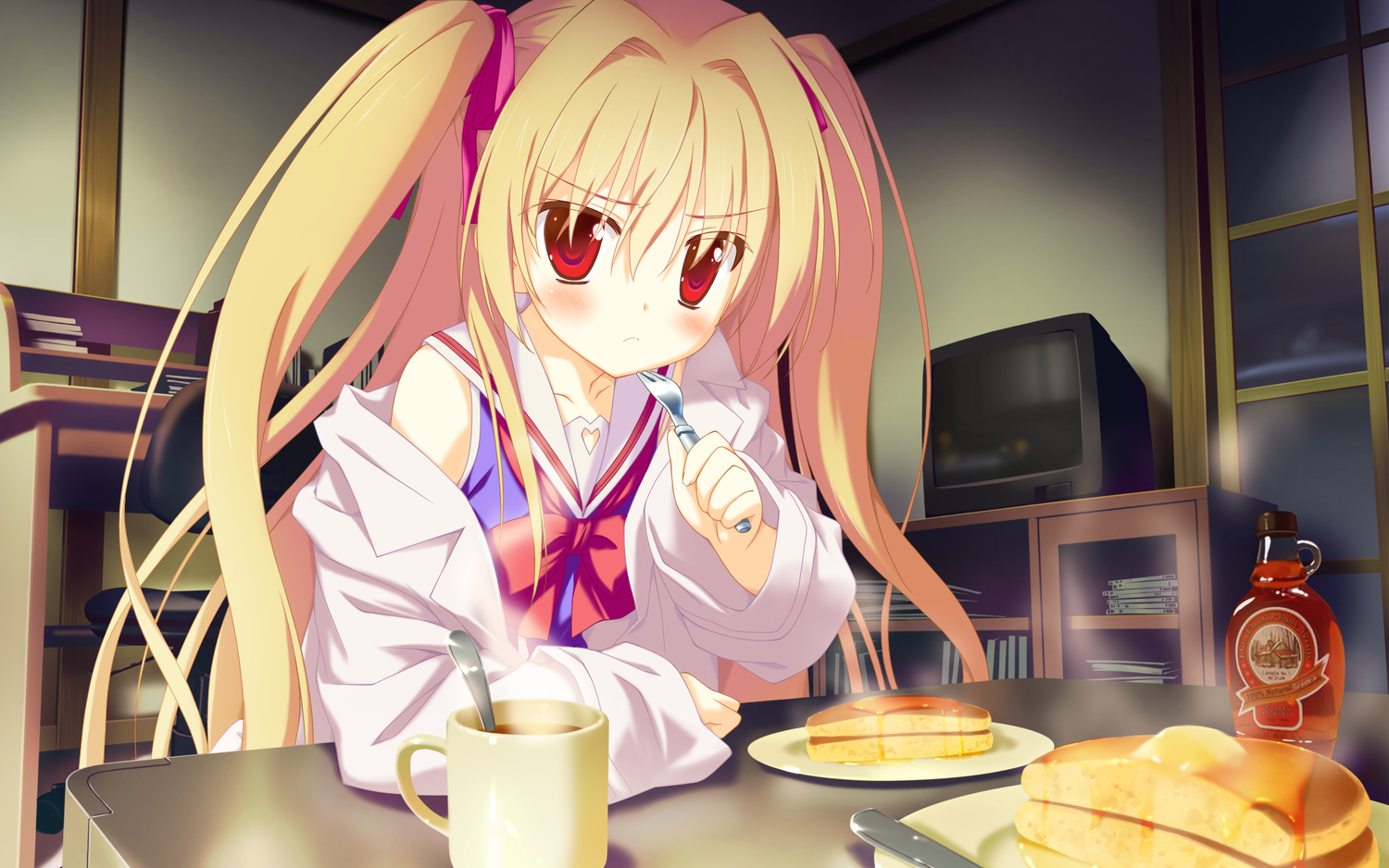 blonde_hair, blush, bow, drink, favorite, food, game_cg, irotoridori_no_sekai