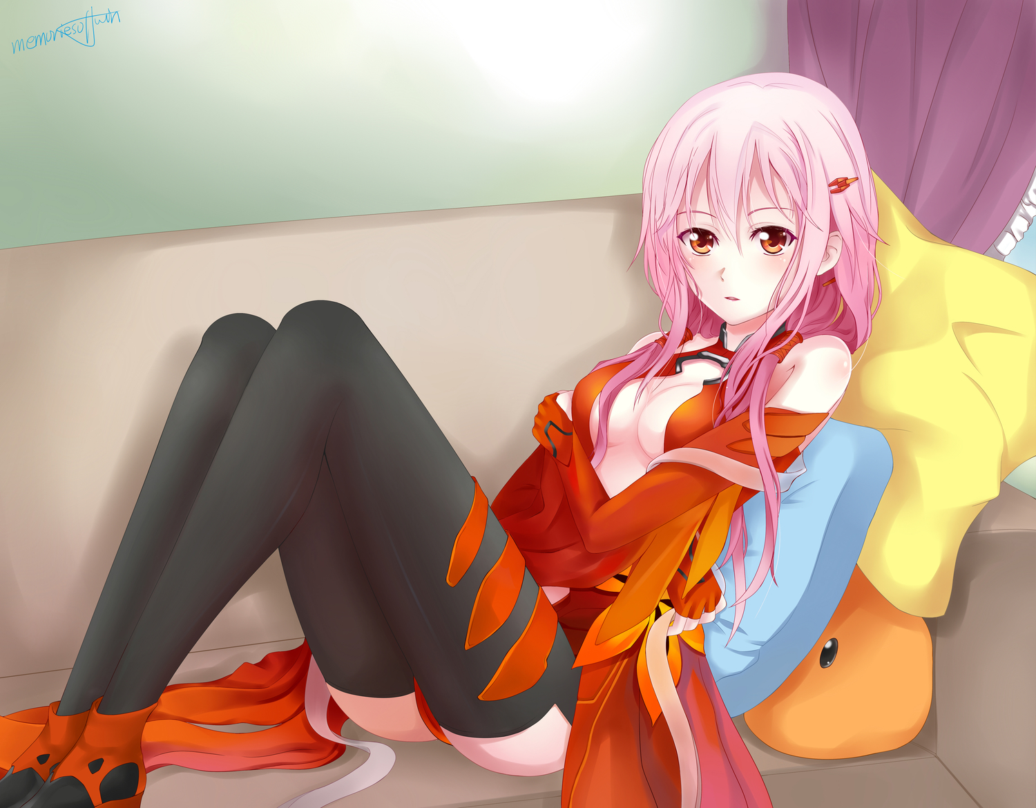 breasts, cleavage, guilty_crown, pink_hair, qiuzhi_huiyi, red_eyes, signed, yuzuriha_inori
