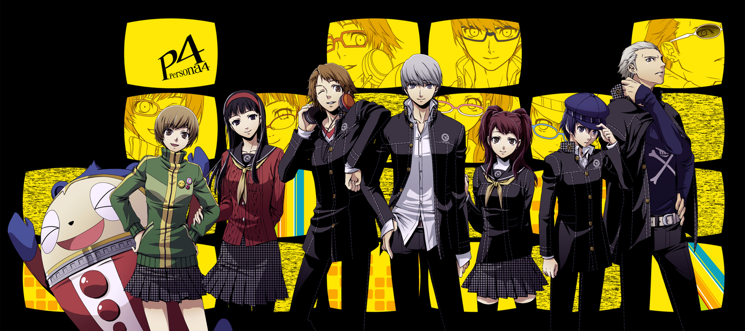 amagi_yukiko, hanamura_yousuke, kujikawa_rise, kuma_(persona_4), narukami_yuu, persona, persona_4, satonaka_chie