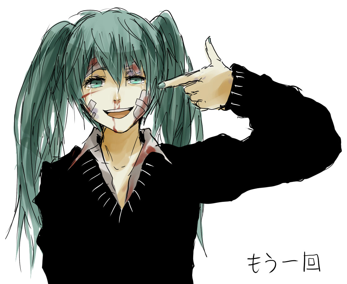 bandaid, blood, blue_eyes, blue_hair, hatsune_miku, long_hair, rolling_girl_(vocaloid), tears