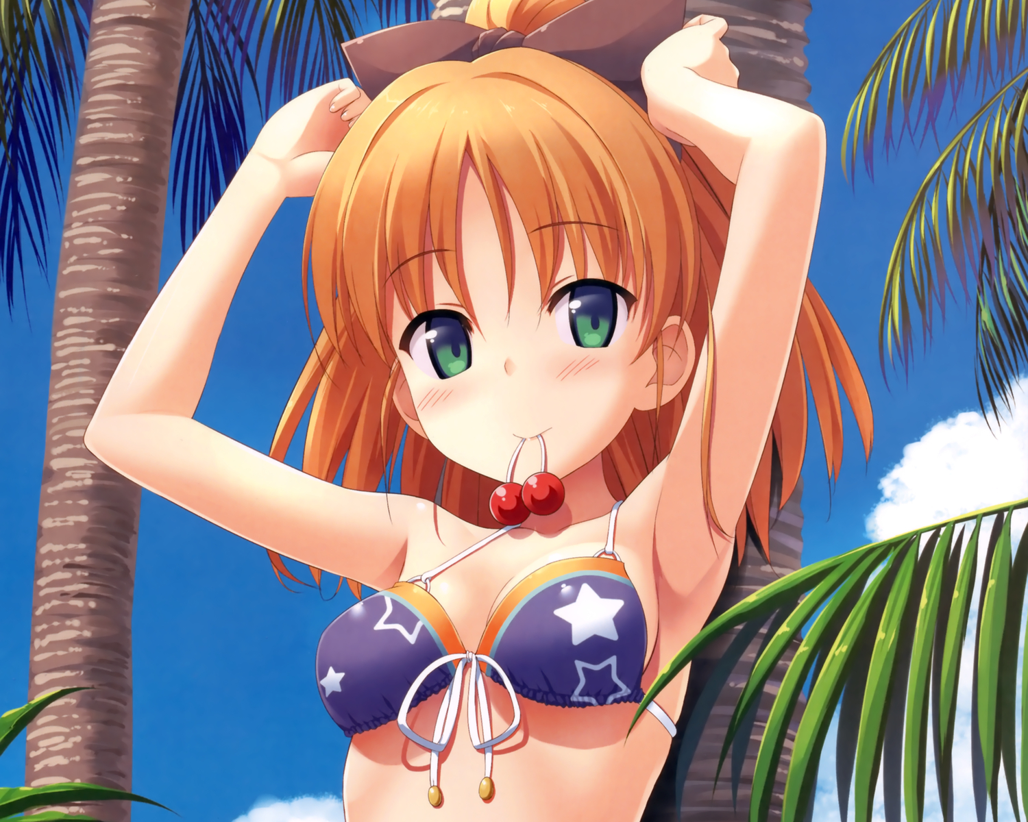 bikini, blush, cube, green_eyes, minagawa_yuuhi, orange_hair, swimsuit, takayaki