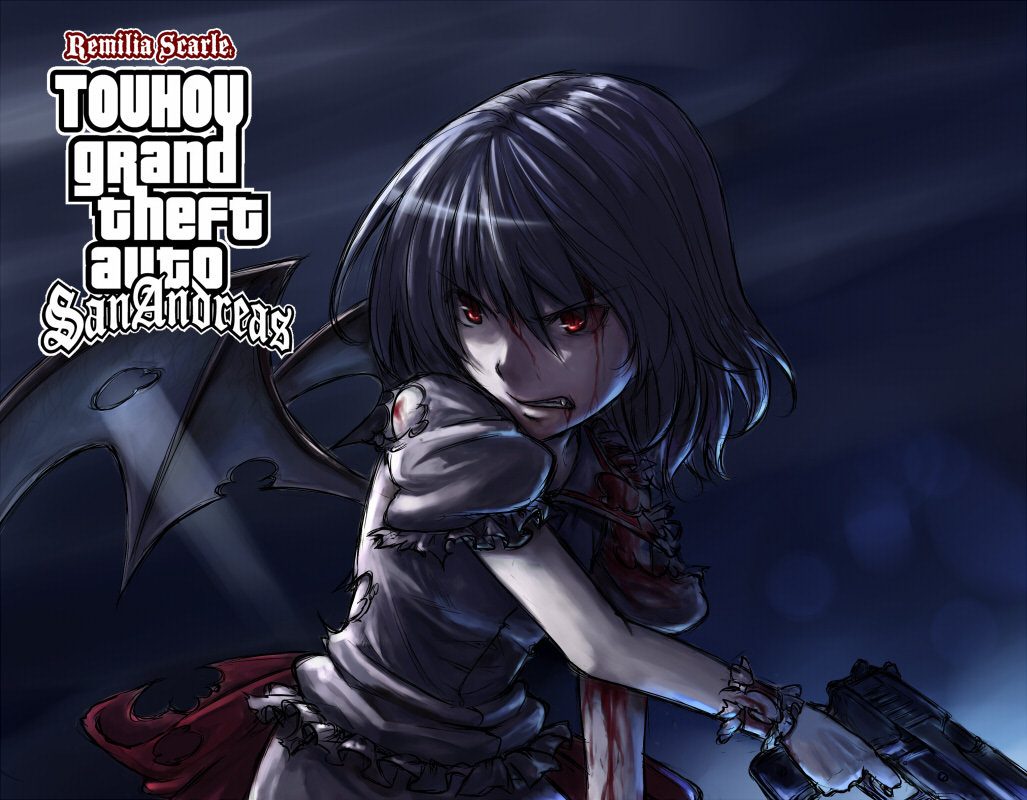 blood, grand_theft_auto, gun, hiroya_juuren, parody, red_eyes, remilia_scarlet, short_hair