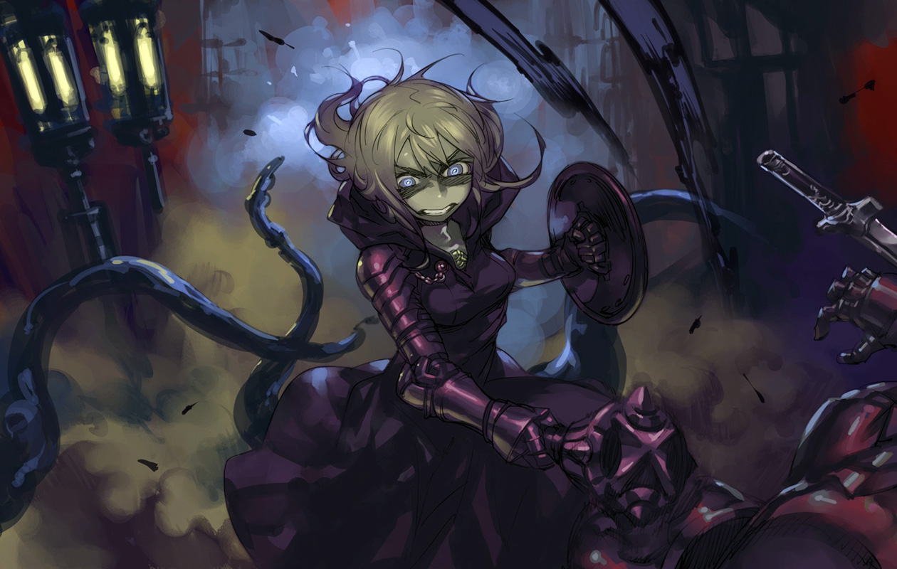 armor, blonde_hair, blue_eyes, original, pixiv_fantasia, shinazo, weapon