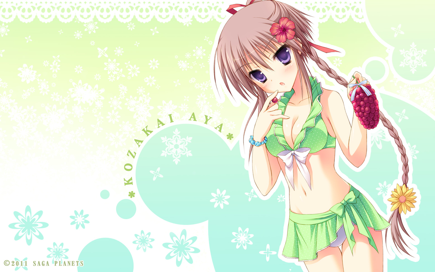 bikini, breasts, brown_hair, cleavage, food, fruit, hatsuyuki_sakura, hontani_kanae