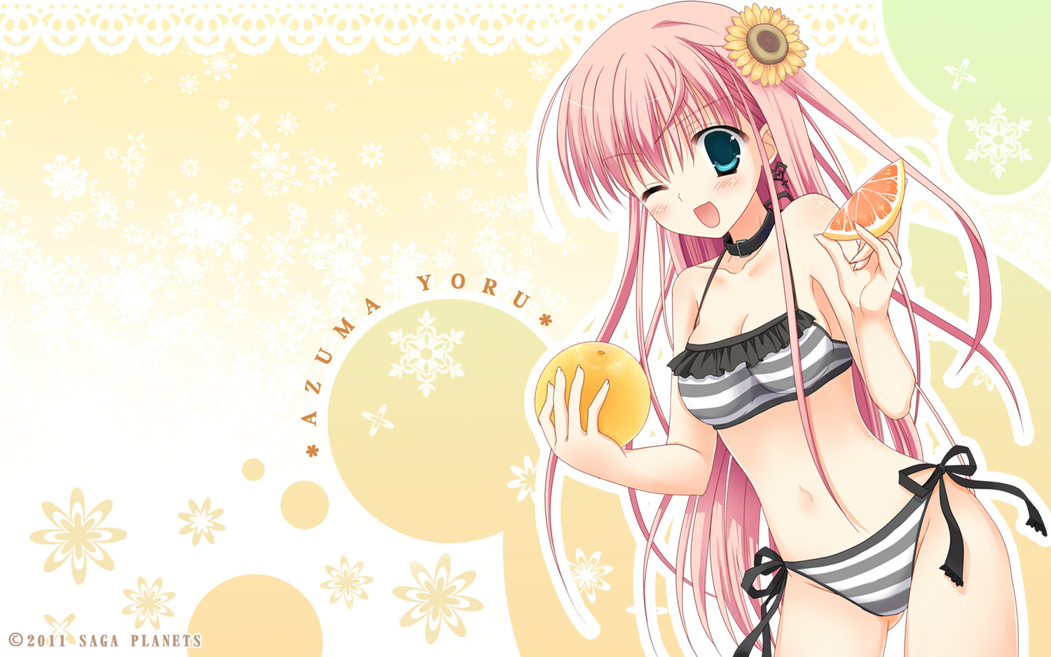 aqua_eyes, azuma_yoru, bikini, breasts, cleavage, food, fruit, hatsuyuki_sakura