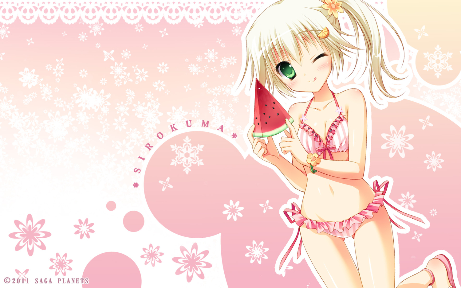 bikini, blonde_hair, food, fruit, green_eyes, hatsuyuki_sakura, hontani_kanae, saga_planets