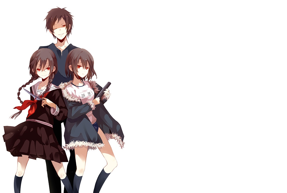 black_hair, braids, dhiea, durarara!!, glasses, gun, jpeg_artifacts, knife, long_hair, orihara_izaya, orihara_kururi, orihara_mairu, red_eyes, school_uniform, short_hair, third-party_edit, weapon, white