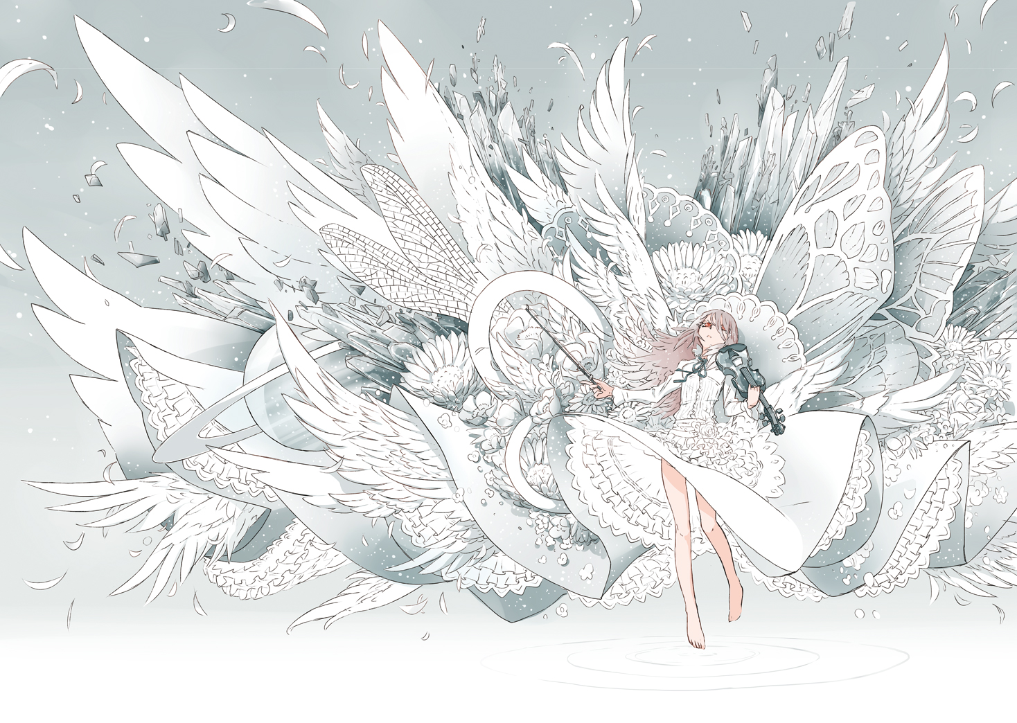arakawa_(aintnoroom), flowers, instrument, original, red_eyes, tagme, violin, white, white_hair, wings