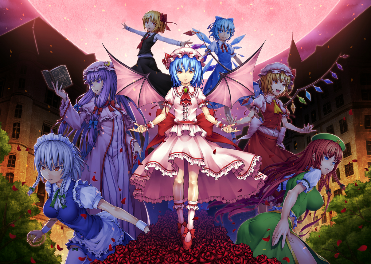 aka_(shoumae), book, building, cirno, erect_nipples, fairy, flandre_scarlet, flowers, group, hong_meiling, izayoi_sakuya, maid, moon, patchouli_knowledge, remilia_scarlet, rose, rumia, touhou, vampire
