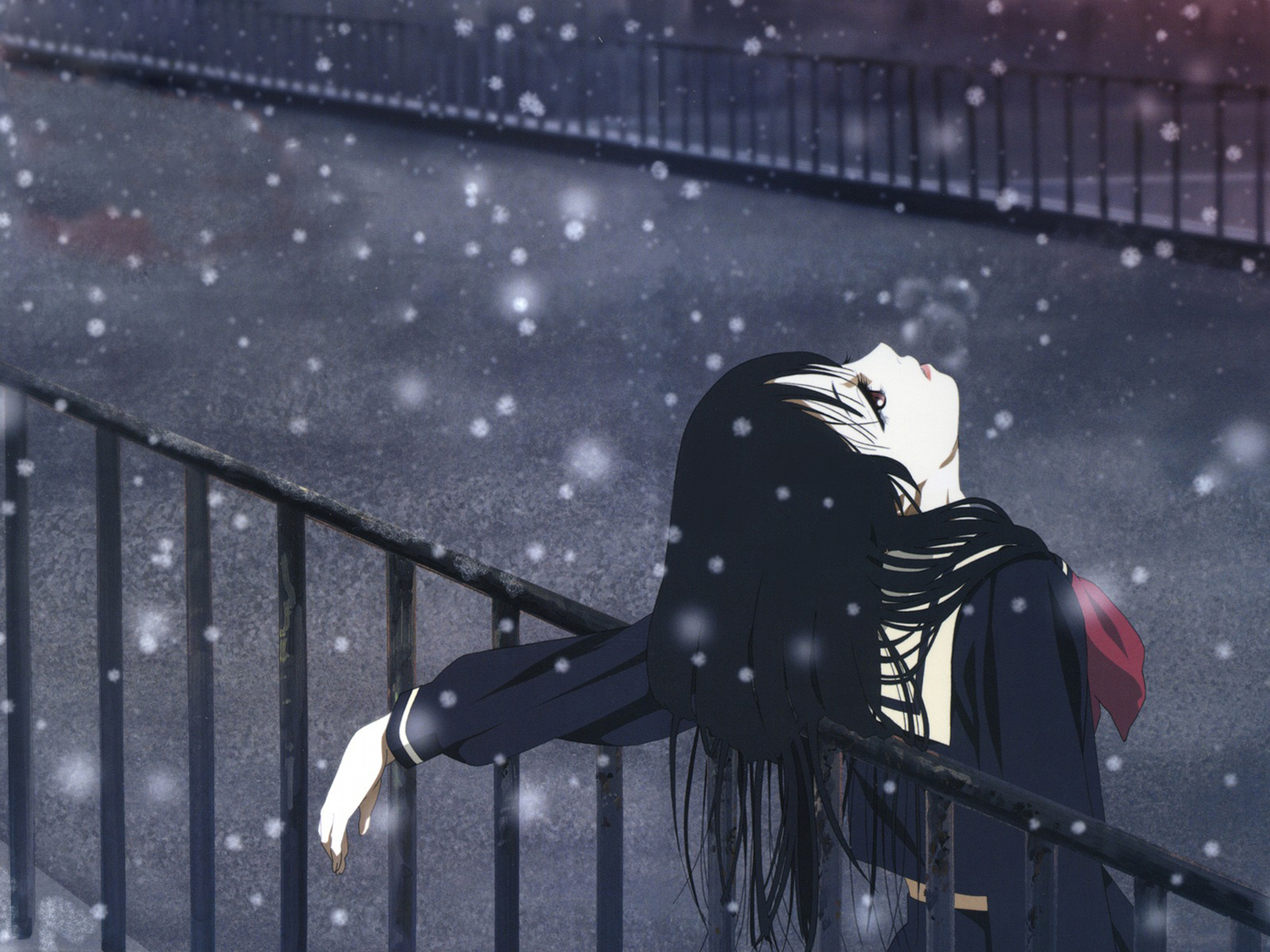 black_hair, brown_eyes, enma_ai, jigoku_shoujo, jpeg_artifacts, long_hair, school_uniform, snow