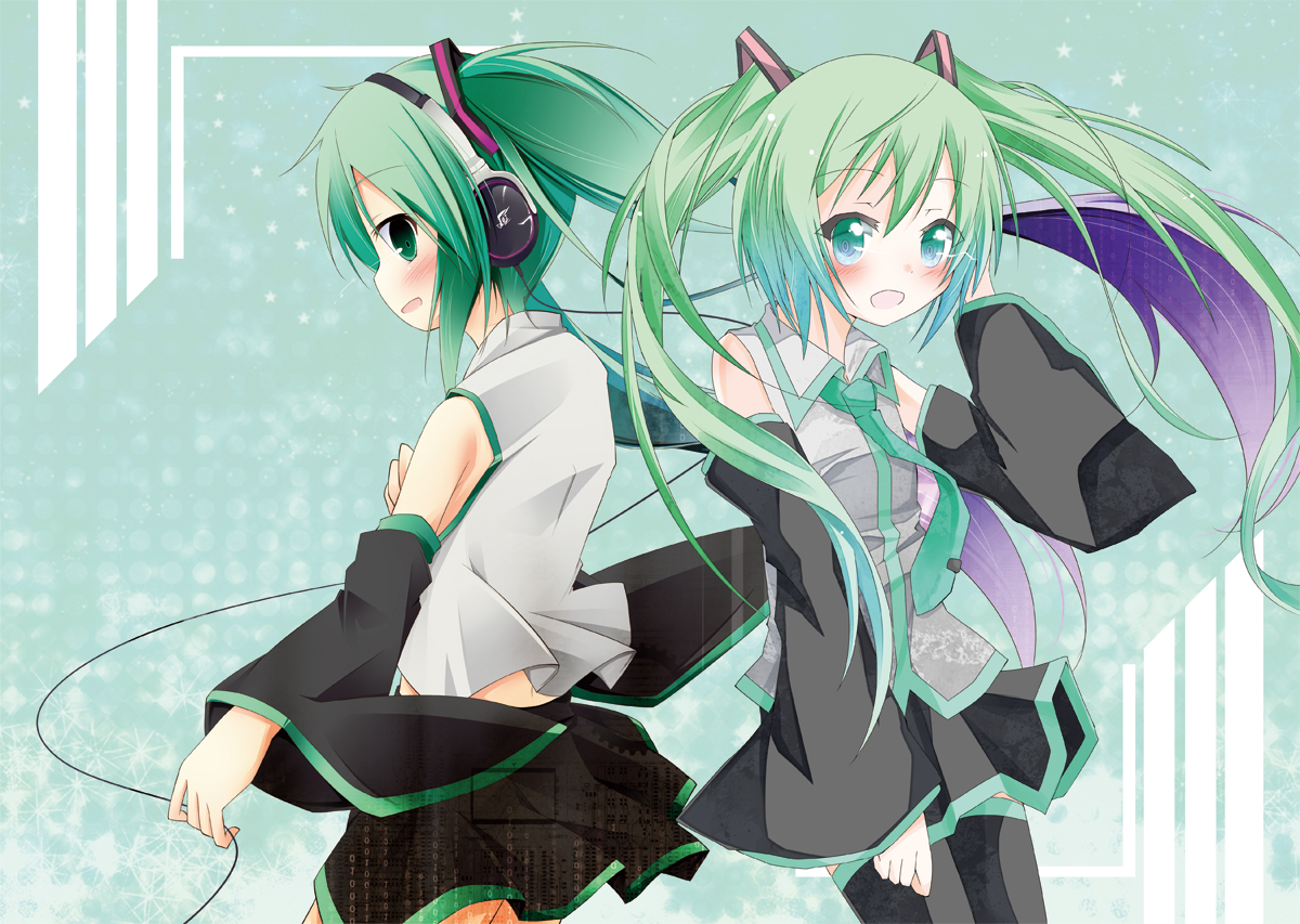 aqua_eyes, aqua_hair, blush, green_eyes, green_hair, hatsune_miku, headphones, ichihina