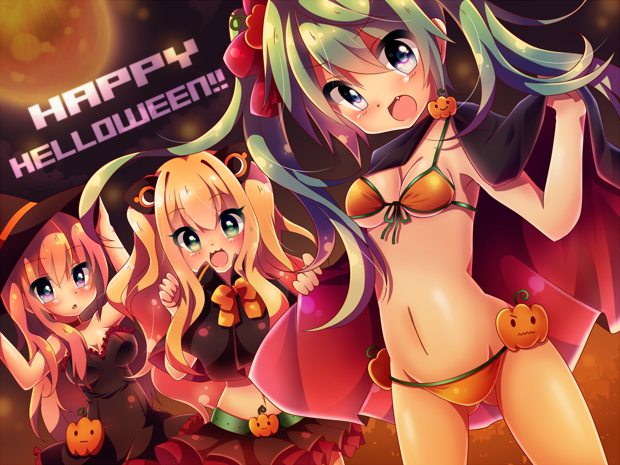 aqua_eyes, aqua_hair, bikini, blonde_hair, blue_eyes, fang, halloween, hatsune_miku, long_hair, megurine_luka, pink_hair, seeu, swimsuit, twintails, urara_(sumairuclover), vocaloid