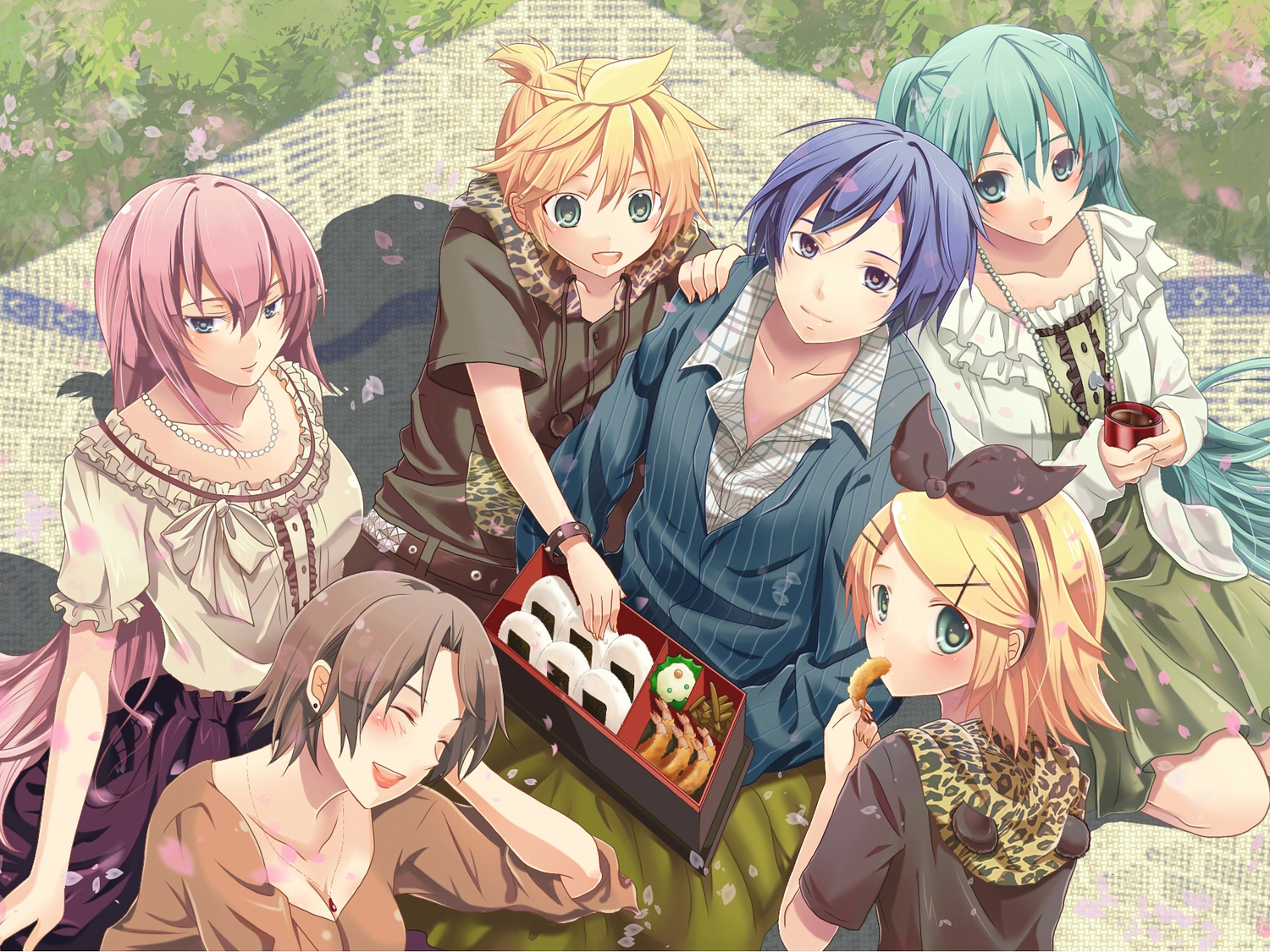 drink, food, group, hatsune_miku, hood, kagamine_len, kagamine_rin, kaito, male, megurine_luka, meiko, shinwa, vocaloid
