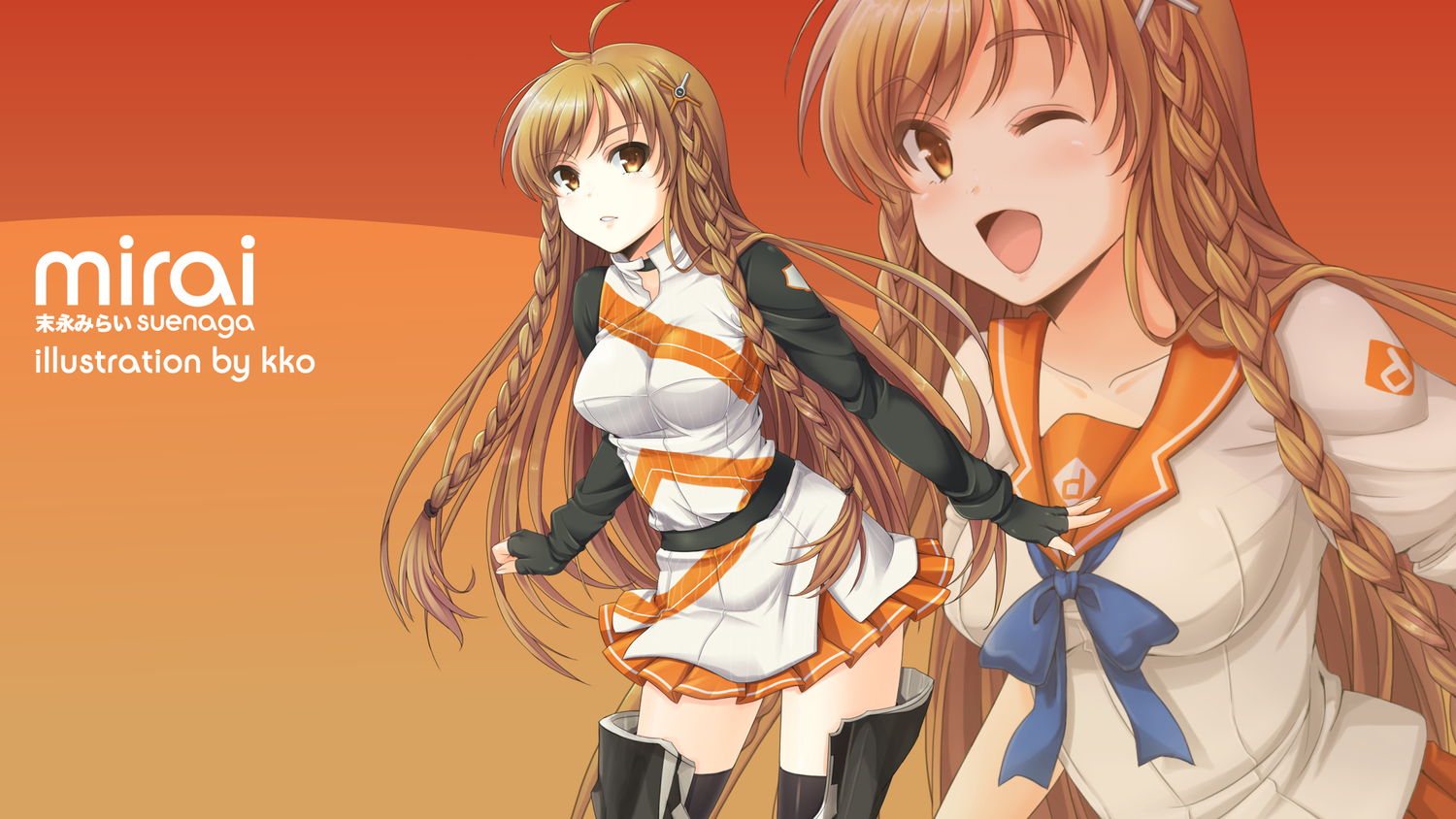 brown_eyes, brown_hair, culture_japan, kko, long_hair, suenaga_mirai, thighhighs, wink, zoom_layer