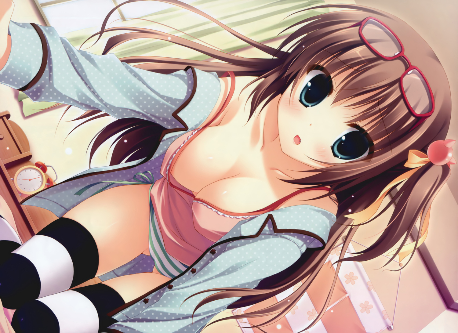 blush, breasts, brown_hair, cabbit, cleavage, glasses, midori_no_umi, no_bra, open_shirt, panties, striped_panties, thighhighs, tsumugi_(midori_no_umi), underwear, yukie