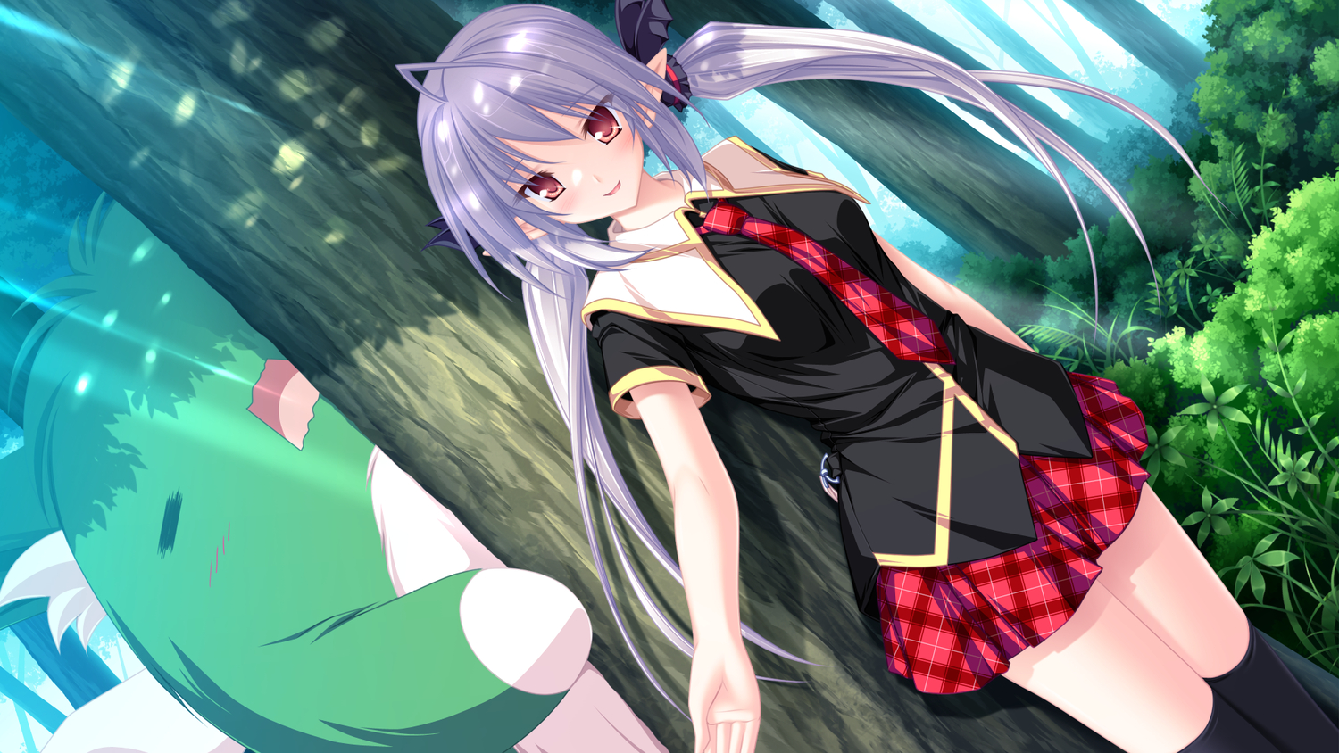 animal, game_cg, gray_hair, long_hair, maikaze_no_melt, pointed_ears, school_uniform, suzu_(suzukaze_no_melt)