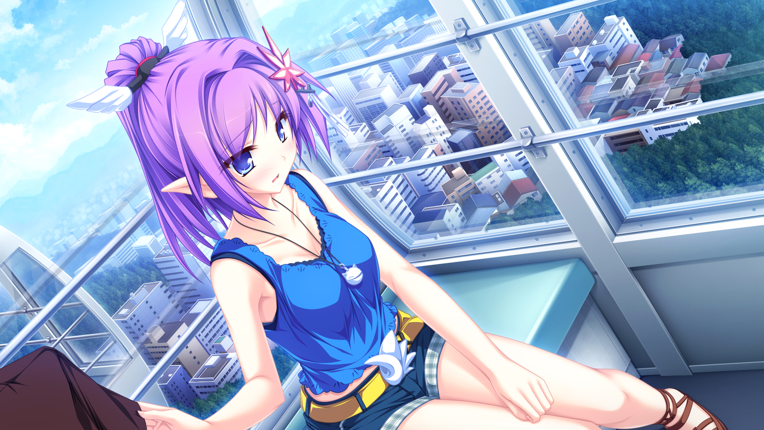 blue_eyes, game_cg, kureha_(maikaze_no_melt), maikaze_no_melt, necklace, pointed_ears, purple_hair, tenmaso, whirlpool