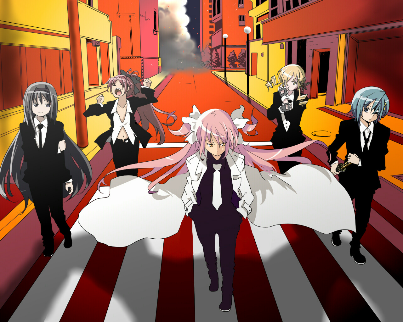 akemi_homura, gloves, group, kaname_madoka, mahou_shoujo_madoka_magica, miki_sayaka, okuba, sakura_kyouko