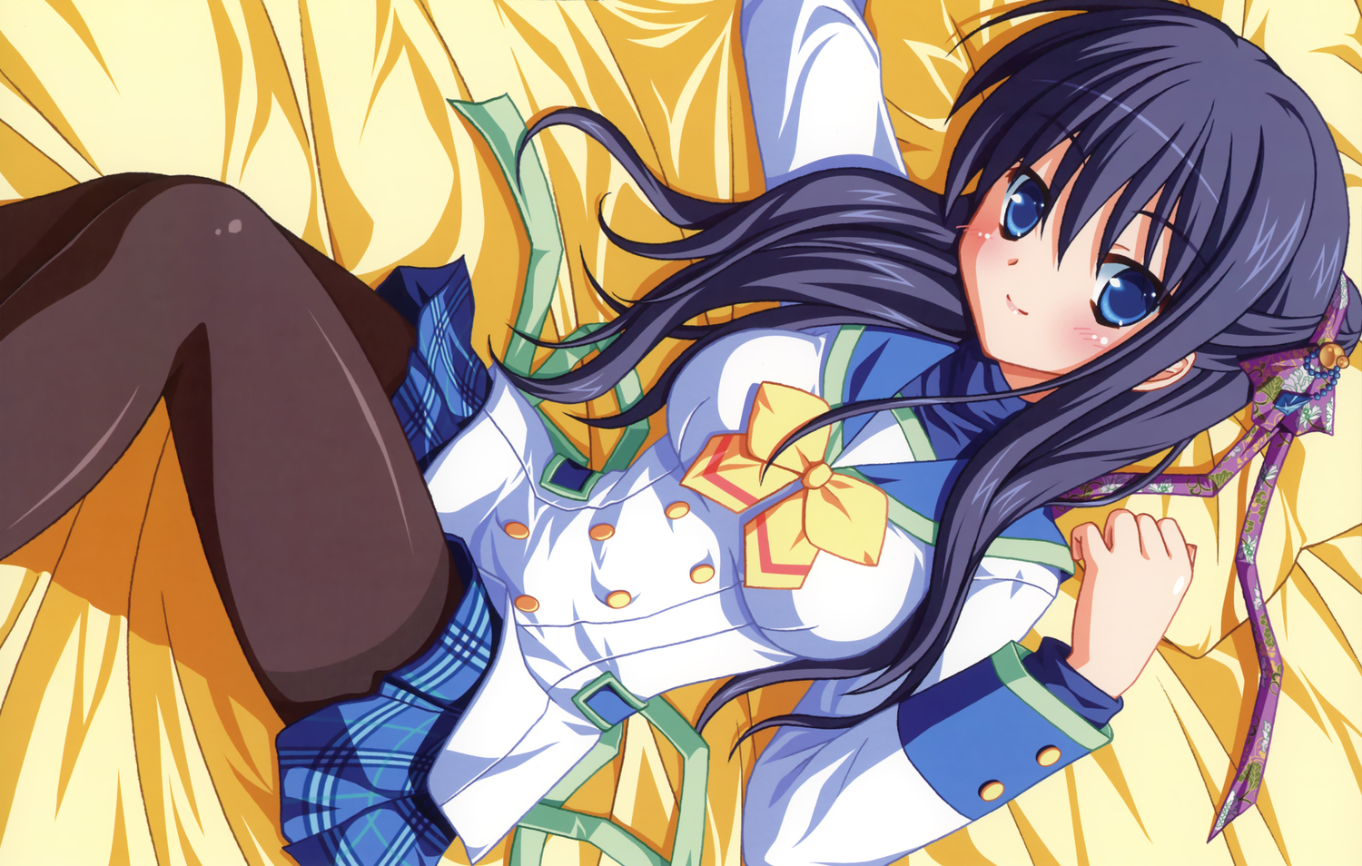 black_hair, blue_eyes, clover_point, long_hair, pantyhose, school_uniform, yuyi