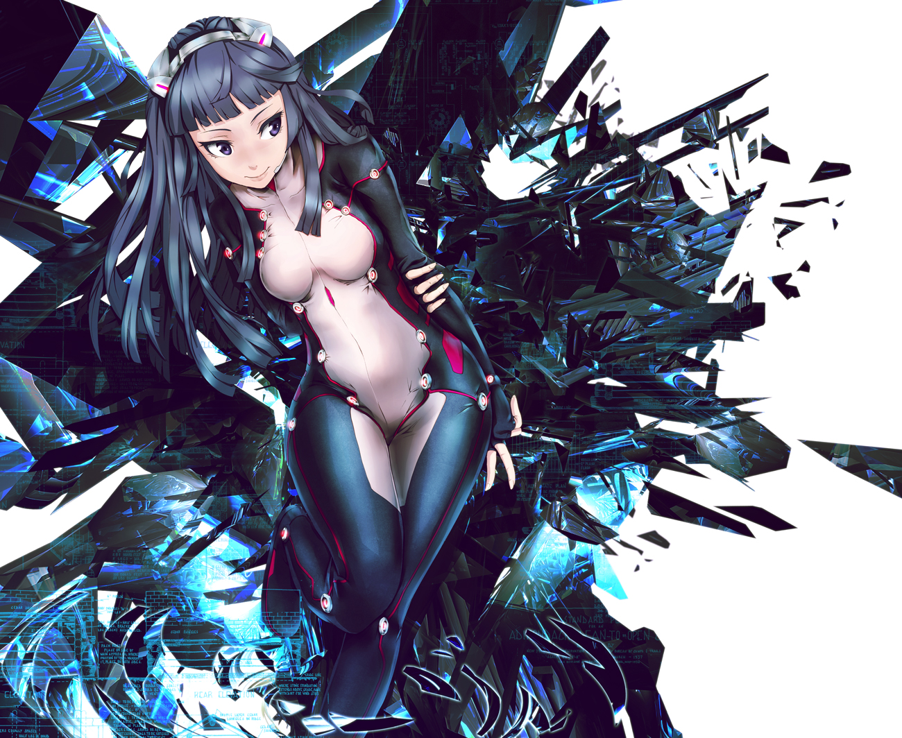 aqua_hair, blue_eyes, bodysuit, guilty_crown, infinote, long_hair, skintight, tsugumi