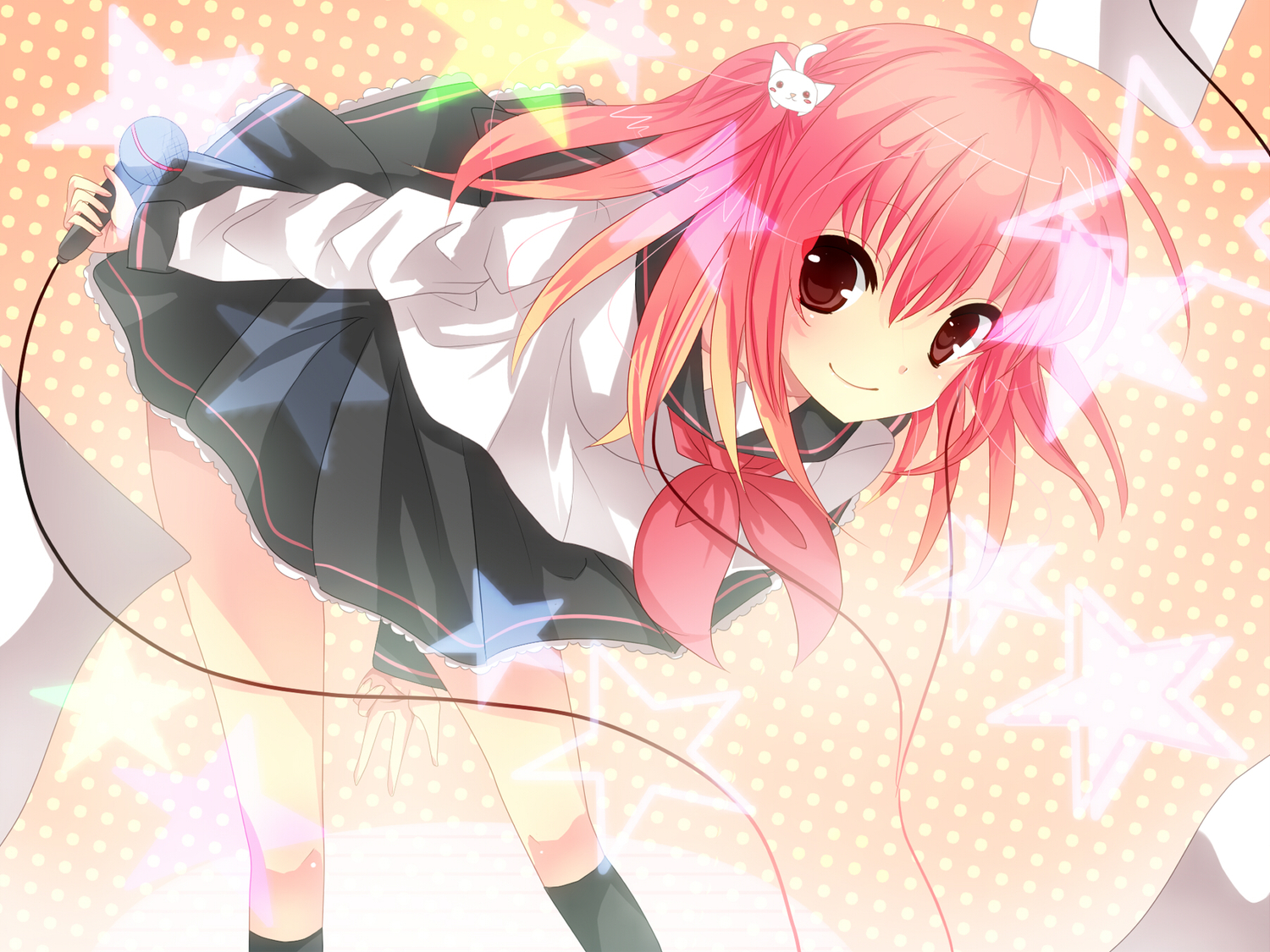 angel_beats!, microphone, pink_hair, red_eyes, school_uniform, yui_(angel_beats!)