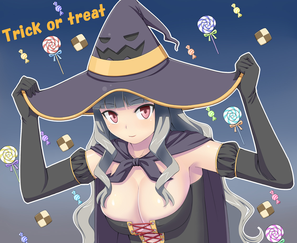 breasts, cleavage, halloween, hat, idolmaster, long_hair, red_eyes, shijou_takane, shougi_(116), witch