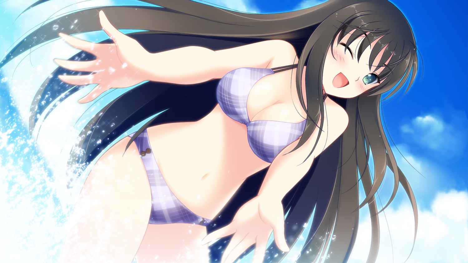 bikini, black_hair, game_cg, kunitomo_miori, pulltop, shinsei_ni_shite_okasubekarazu, swimsuit, watari_masahito, water, wink