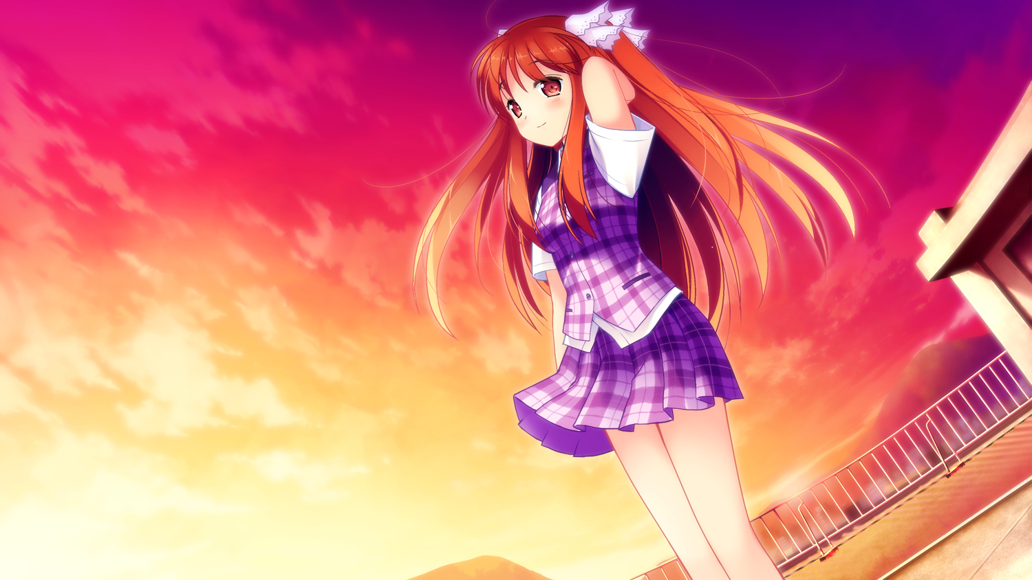 brown_hair, game_cg, long_hair, pulltop, sanemaki_nozomi, school_uniform, shinsei_ni_shite_okasubekarazu, sky, sunset, watari_masahito