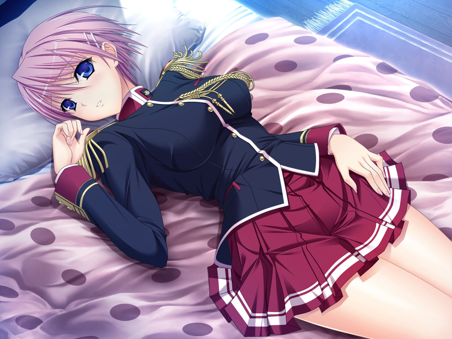 bed, blue_eyes, game_cg, kisaki_mio, komori_kei, pink_hair, ricotta, school_uniform, short_hair, walkure_romanze