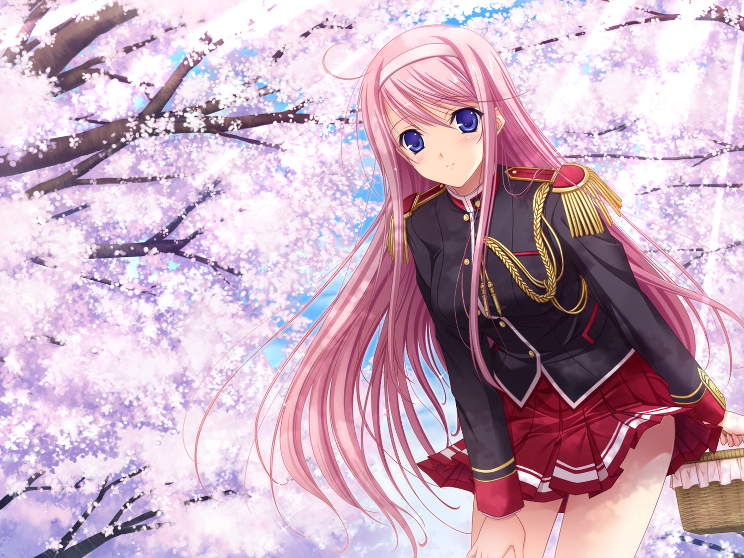 blue_eyes, game_cg, headband, kisaki_mio, komori_kei, long_hair, pink_hair, ricotta, school_uniform, tree, walkure_romanze
