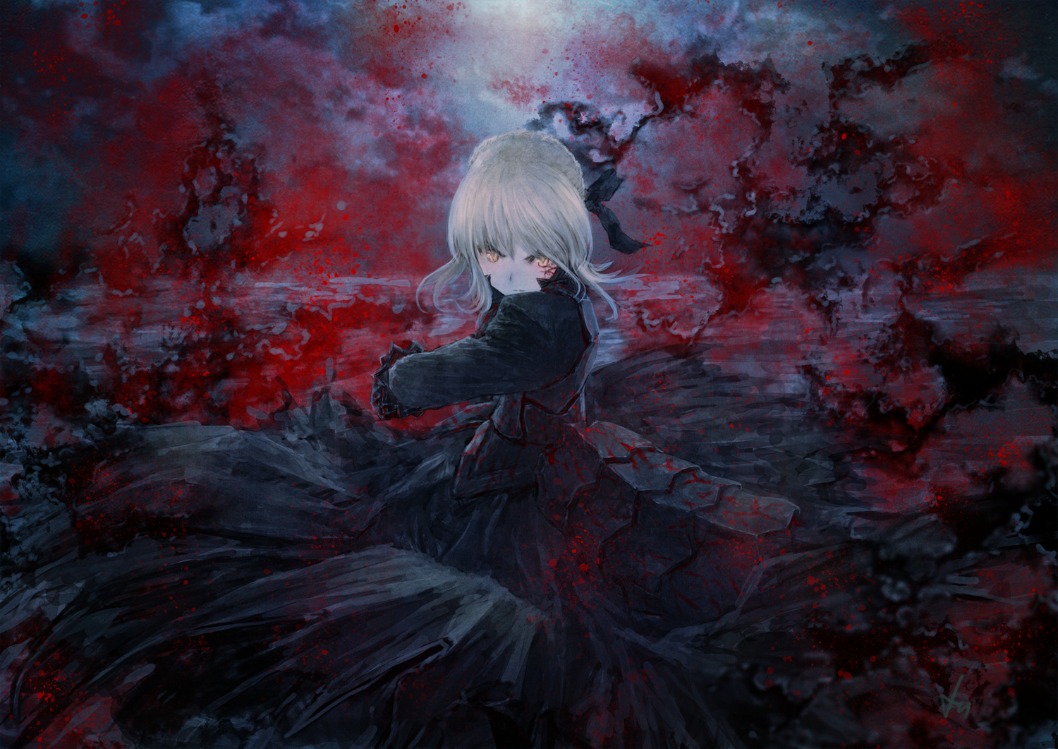 armor, artoria_pendragon_(all), blood, dress, fate_(series), fate/stay_night, heiyuen, saber, saber_alter, short_hair, signed, white_hair, yellow_eyes