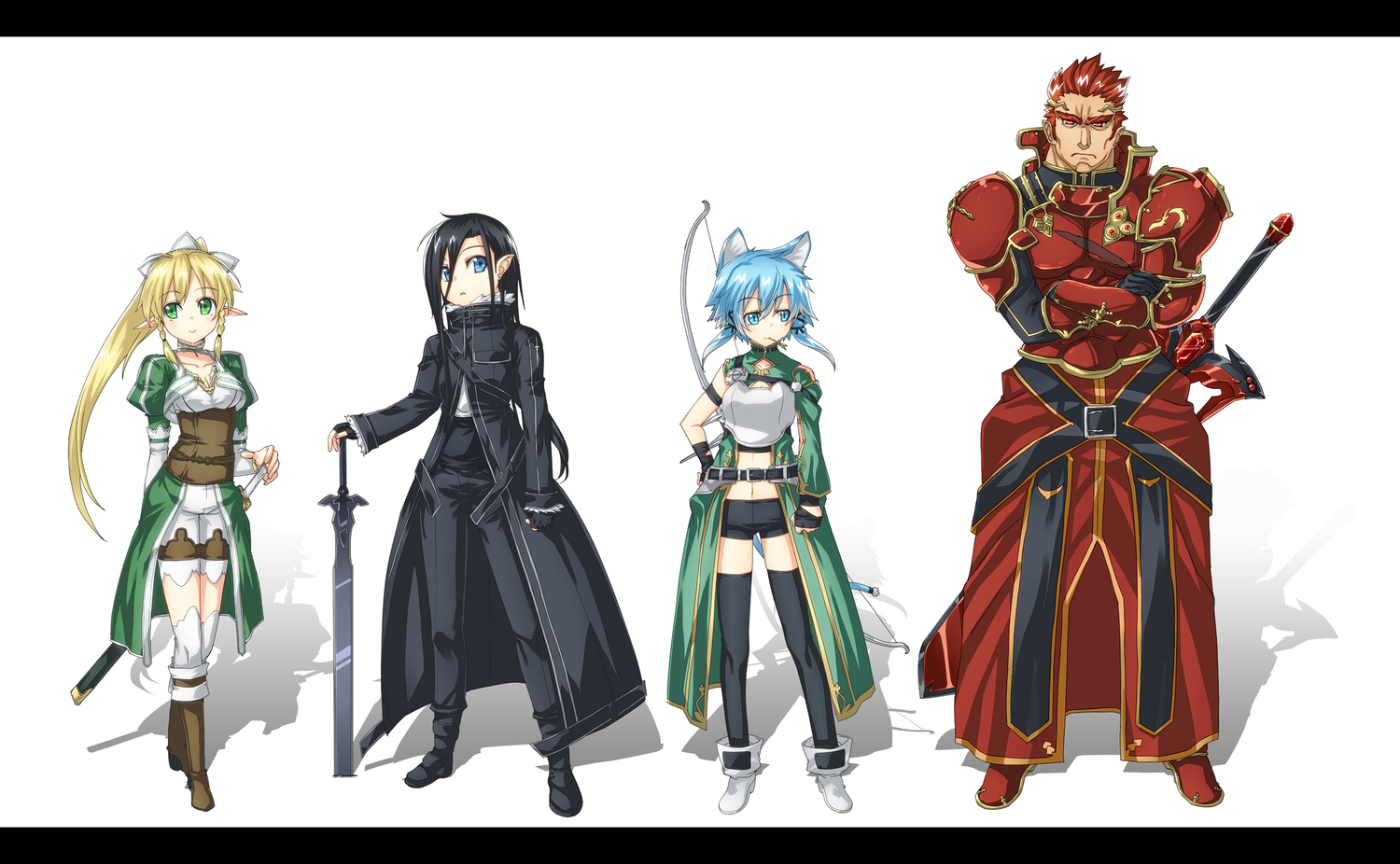 black_hair, blonde_hair, blue_eyes, blue_hair, eugeo, green_eyes, kirigaya_kazuto, kirigaya_suguha, leafa, pointed_ears, red_hair, shinon_(sao), sword, sword_art_online, thighhighs, uemuki, weapon