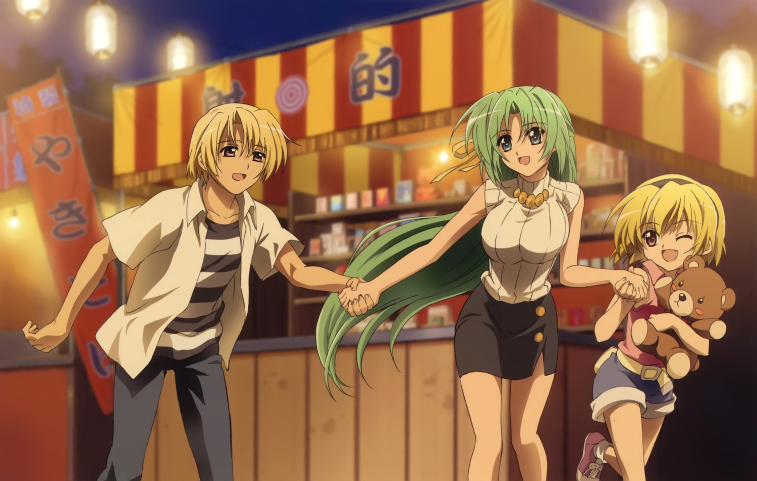 blonde_hair, green_eyes, green_hair, higurashi_no_naku_koro_ni, houjou_satoko, houjou_satoshi, loli, long_hair, male, purple_eyes, sakai_kyuuta, scan, short_hair, skirt, sonozaki_shion