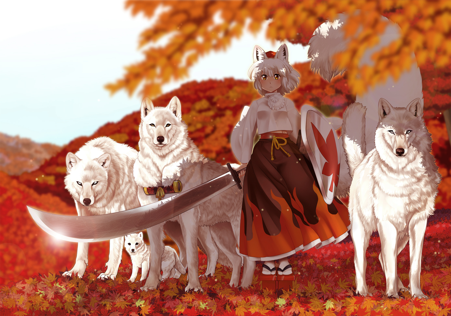animal, animal_ears, bon_(rump), inubashiri_momiji, sword, touhou, weapon, white_hair, wolf, wolfgirl