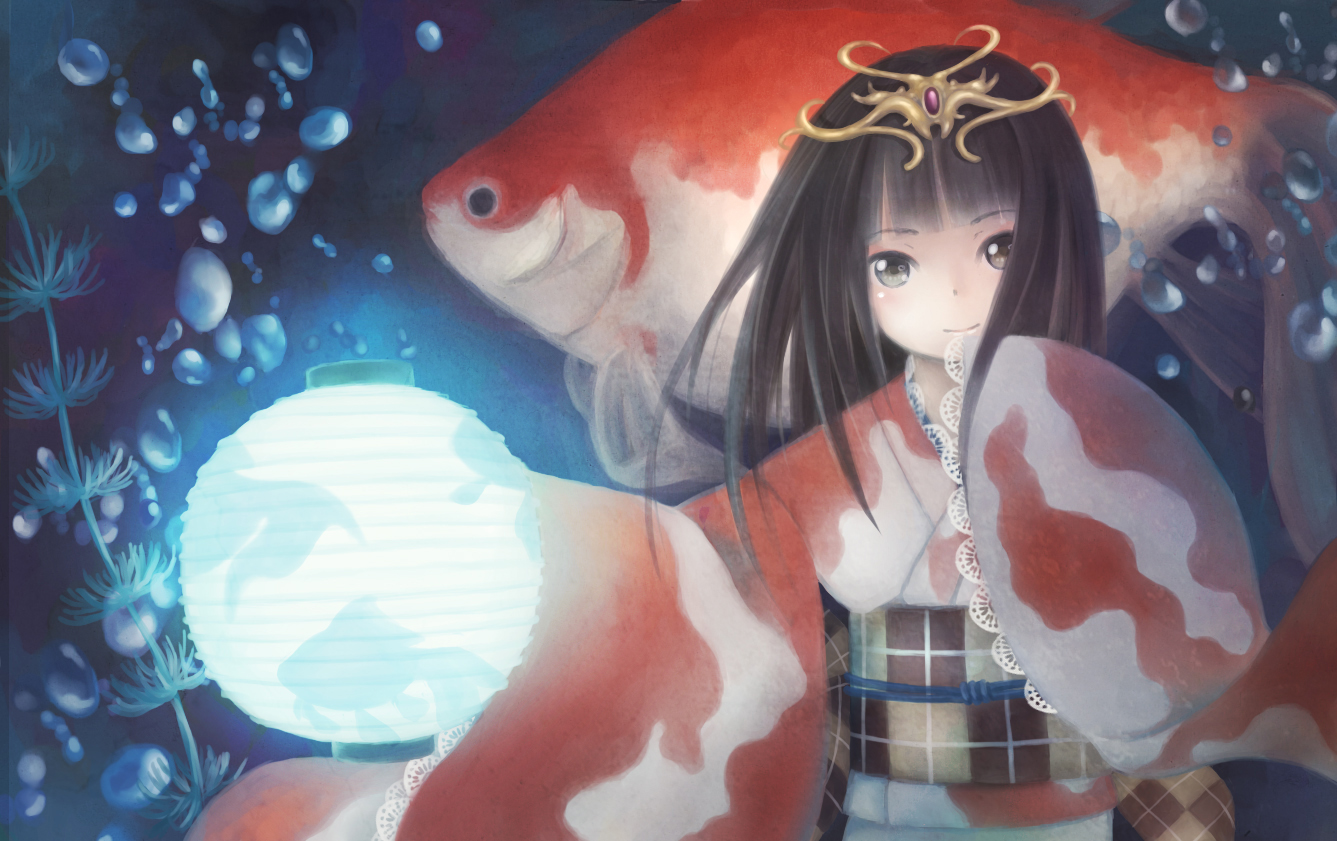 animal, anthropomorphism, black_hair, brown_eyes, fish, original, taka_(tsmix)