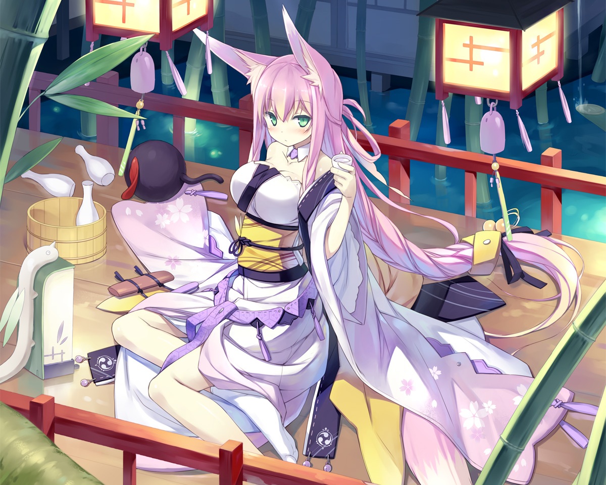animal_ears, breasts, drink, foxgirl, japanese_clothes, poco_(asahi_age), sake, tail